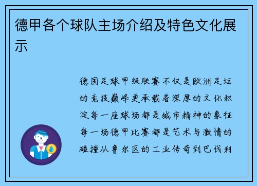 德甲各个球队主场介绍及特色文化展示