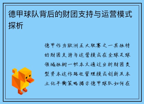 德甲球队背后的财团支持与运营模式探析